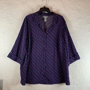 Catherines Women's 3/4 Sleeve Button Up All-over‎ Geometric Triangle Blouse 2X